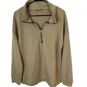 SALE PRETTY GARDEN Quarter Zip Pullover Tunic Tan Long Sleeve Mock Neck Women L